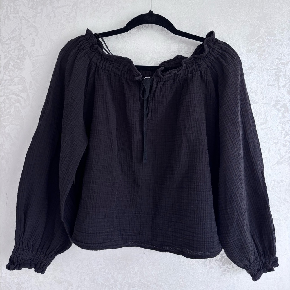 Zara Baby Doll Long Sleeve Muslin Blouse Black XS